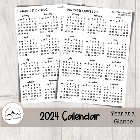 2024 Year at a Glance Calendar Journal Planner Stickers