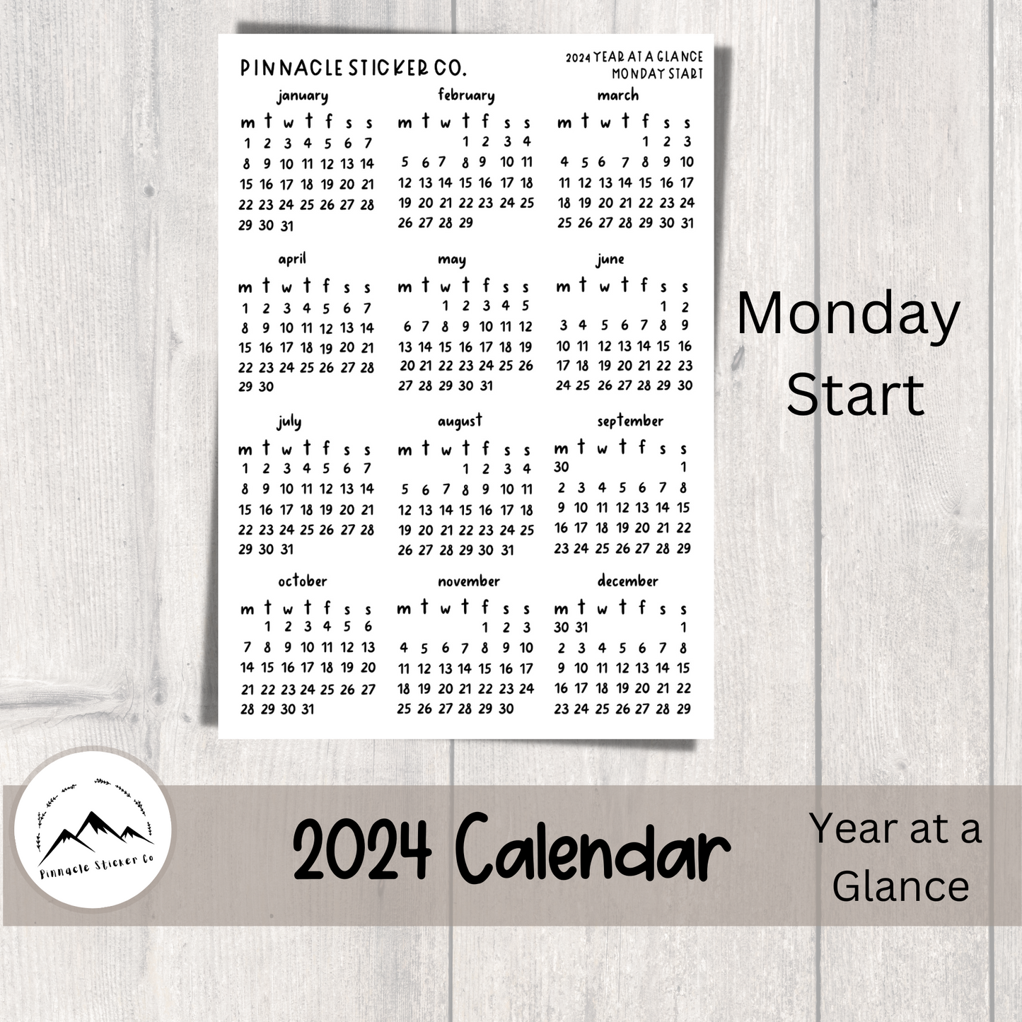 2024 Year at a Glance Calendar Journal Planner Stickers