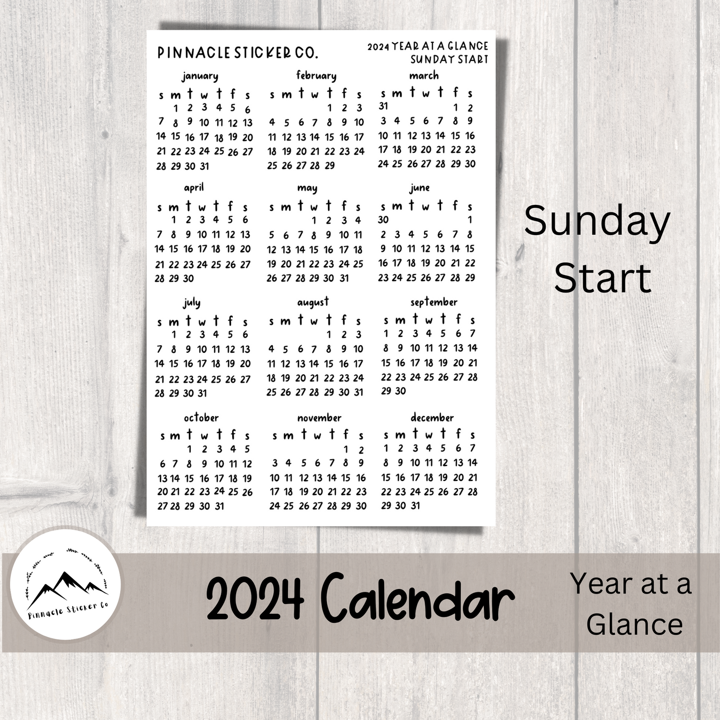 2024 Year at a Glance Calendar Journal Planner Stickers