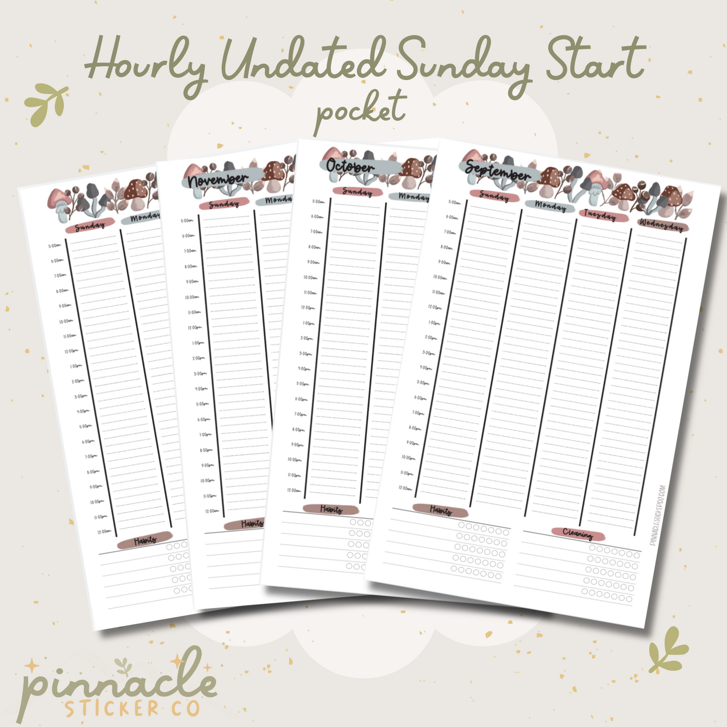 Cozy Woods Hourly Planner Inserts- Pocket Size | Sunday Start