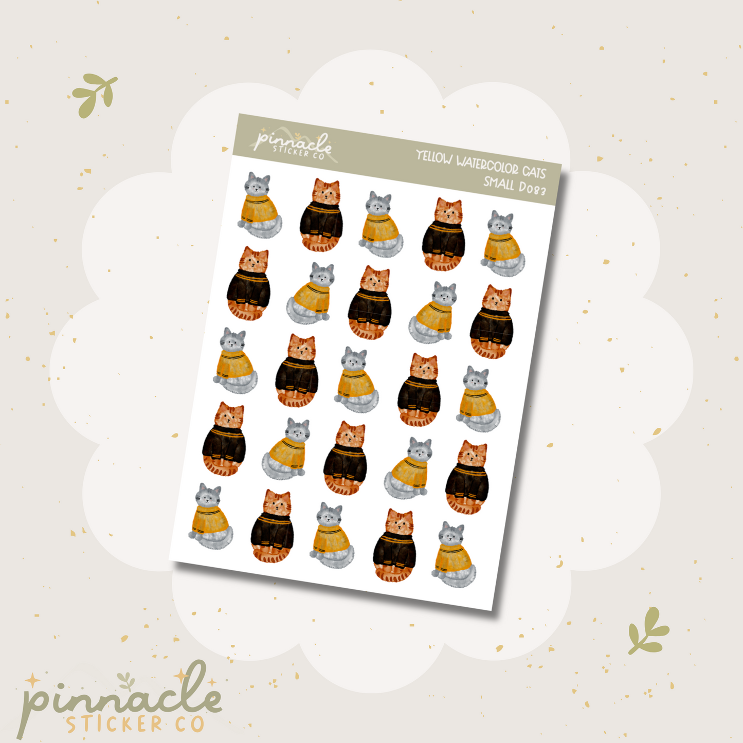 Yellow Watercolor Cats Deco Planner Stickers