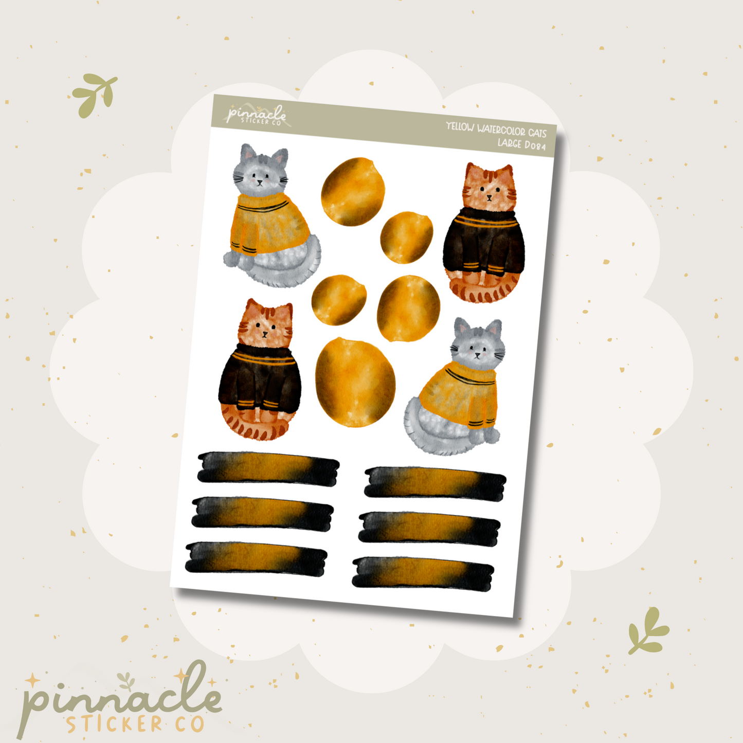 Yellow Watercolor Cats Deco Planner Stickers