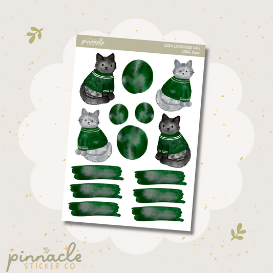 Green Watercolor Cats Deco Planner Stickers