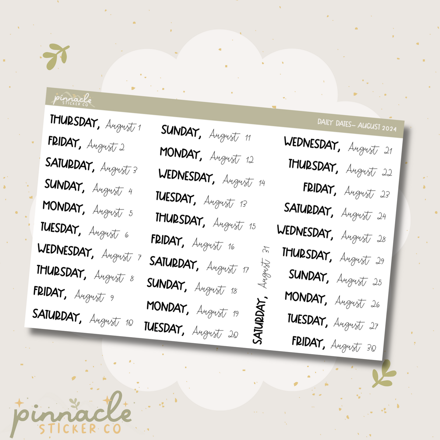 August 2024 Date Script Planner Stickers