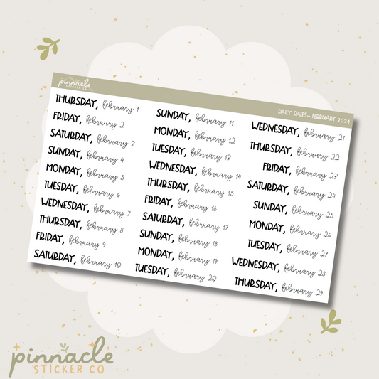 February 2024 Date Script Planner Stickers