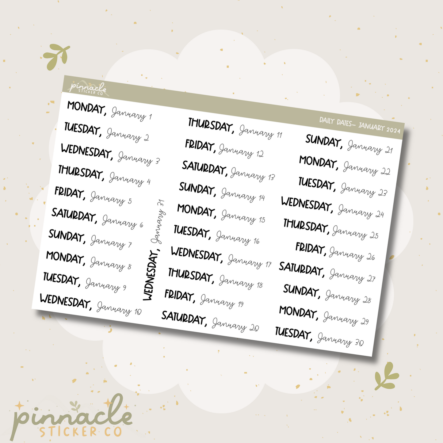 January 2024 Date Script Planner Stickers