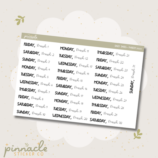 March 2024 Date Script Planner Stickers