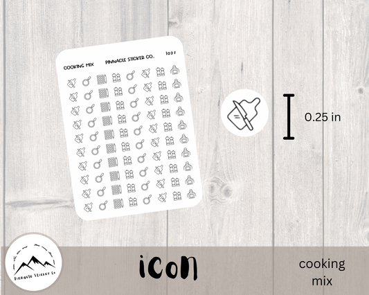 small simple line icon sticker. cooking mix, frying pan, apron, cutting board, baking sheet, salt and pepper