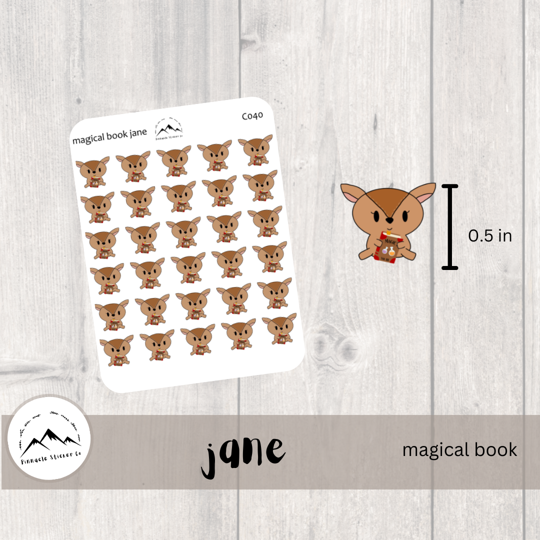 hand drawn deer character sticker measuring 0.5 in high. with a magical book, wizardry, potter