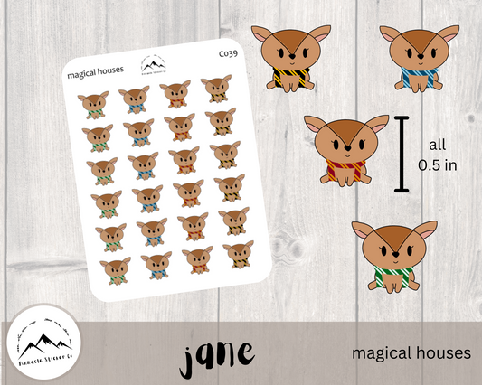 hand drawn deer character sticker measuring 0.5 in high. mix of all four wizard house, potter