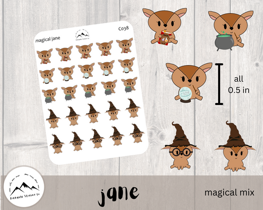 hand drawn deer character sticker measuring 0.5 in high. wizard mix potions, glass ball, spell book, sorting hat, potter