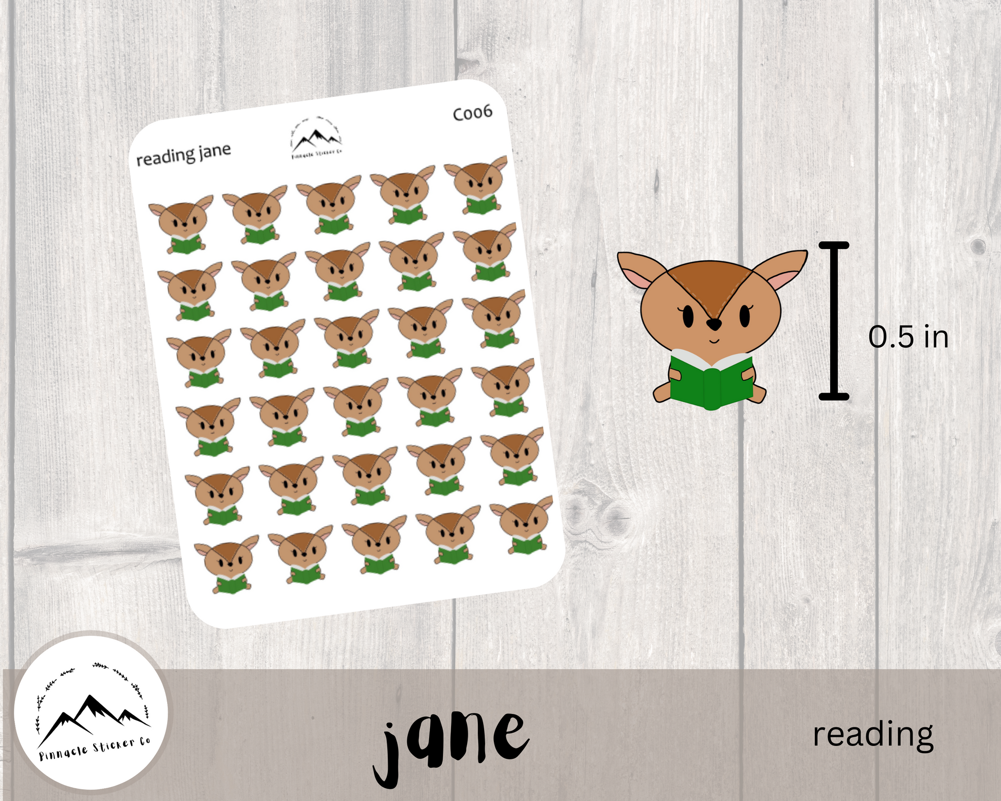 hand drawn deer character sticker measuring 0.5 in high. reading a book